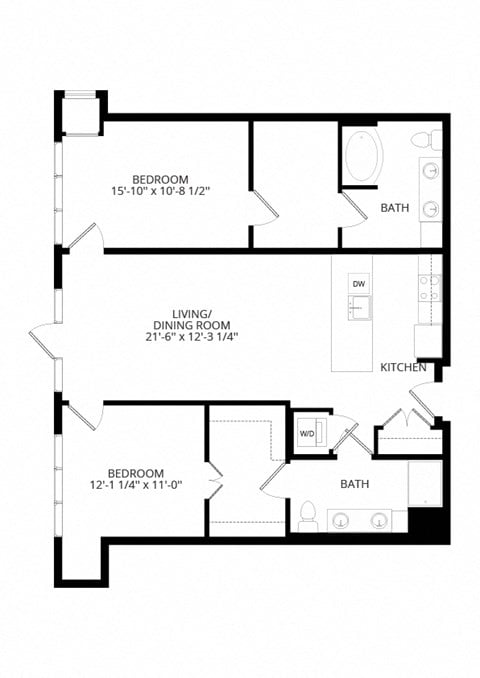 Floor plan for 2 beds, 2 baths, 1212 sqft